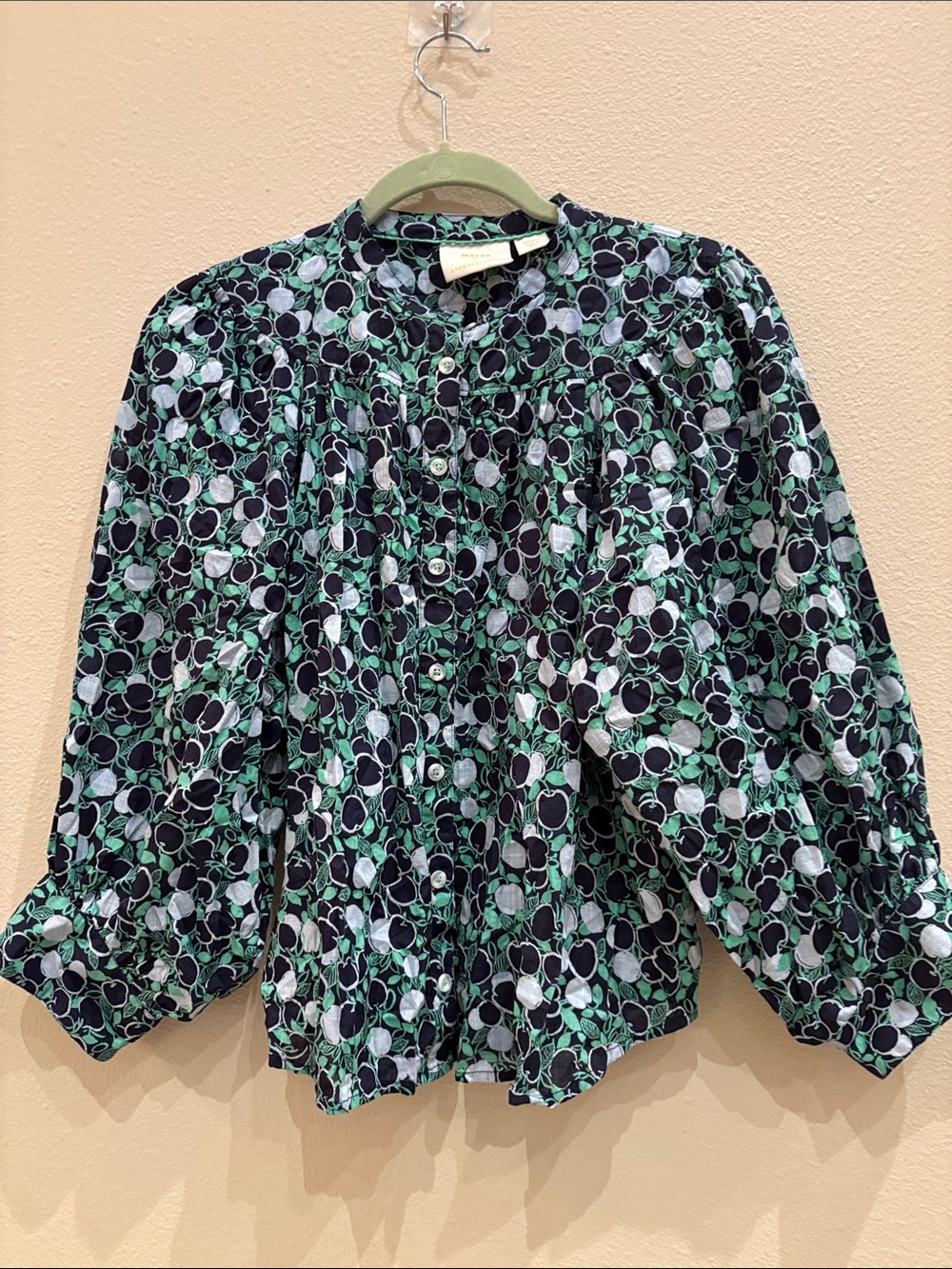 Anthropologie Maeve Women's Printed Button-Front Blouse in Green and Navy